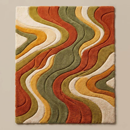 Colorful modern wool tufted carpet with organic flowing design placed under chair in mid century interior __etsy:7902175192