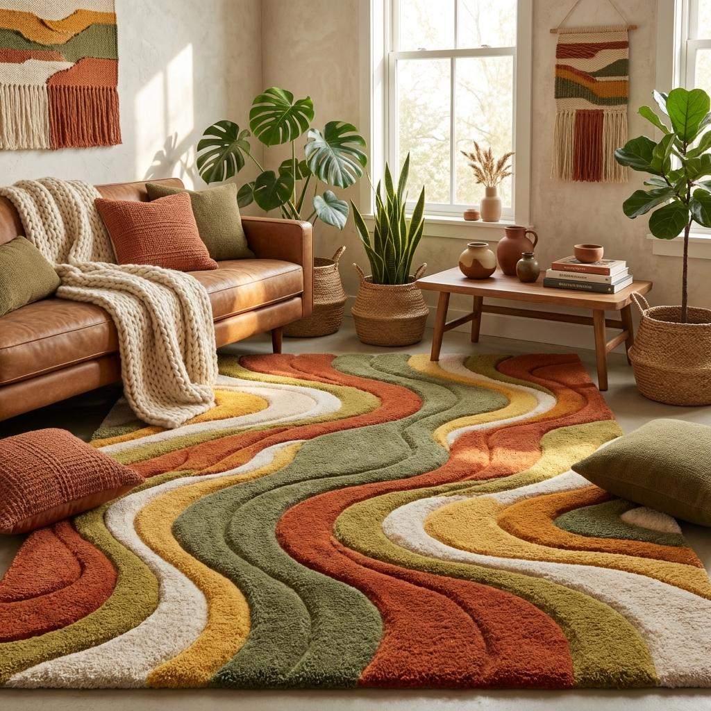 Abstract retro wave area rug in earthy tones enhancing wooden floor and warm natural lighting decor __etsy:7950126301