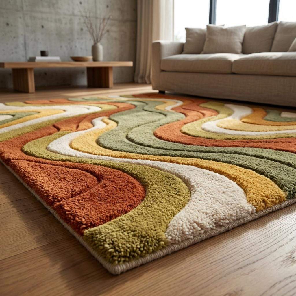 Modern Abstract Hand Tufted Wool Rug, Retro Wave Carpet, Colorful Living Room Decor, Mid Century Style Area Rug __etsy:7950126159