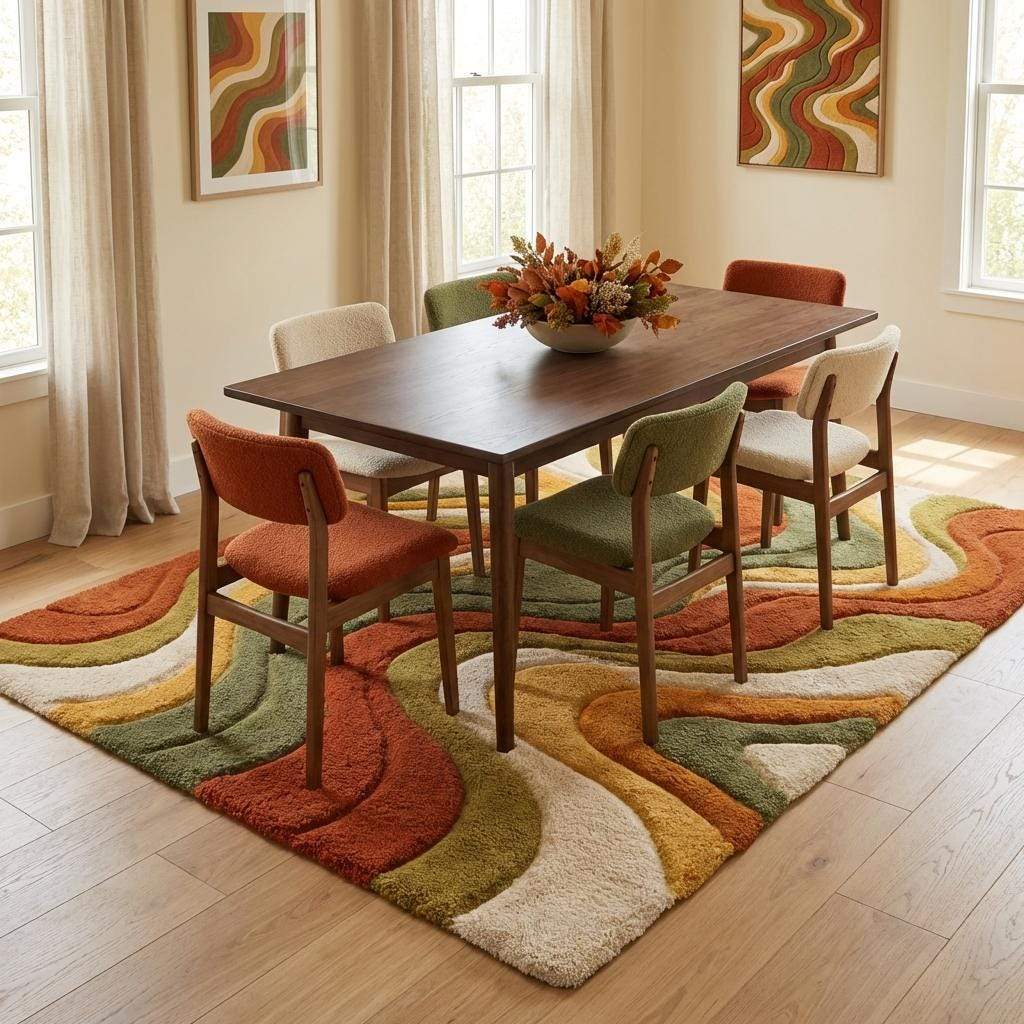 Modern Abstract Hand Tufted Wool Rug, Retro Wave Carpet, Colorful Living Room Decor, Mid Century Style Area Rug __etsy:7902175992