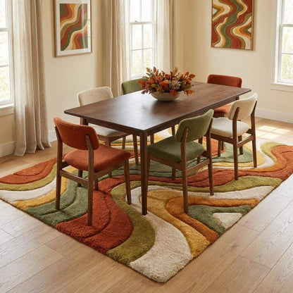 Modern Abstract Hand Tufted Wool Rug, Retro Wave Carpet, Colorful Living Room Decor, Mid Century Style Area Rug __etsy:7902175992