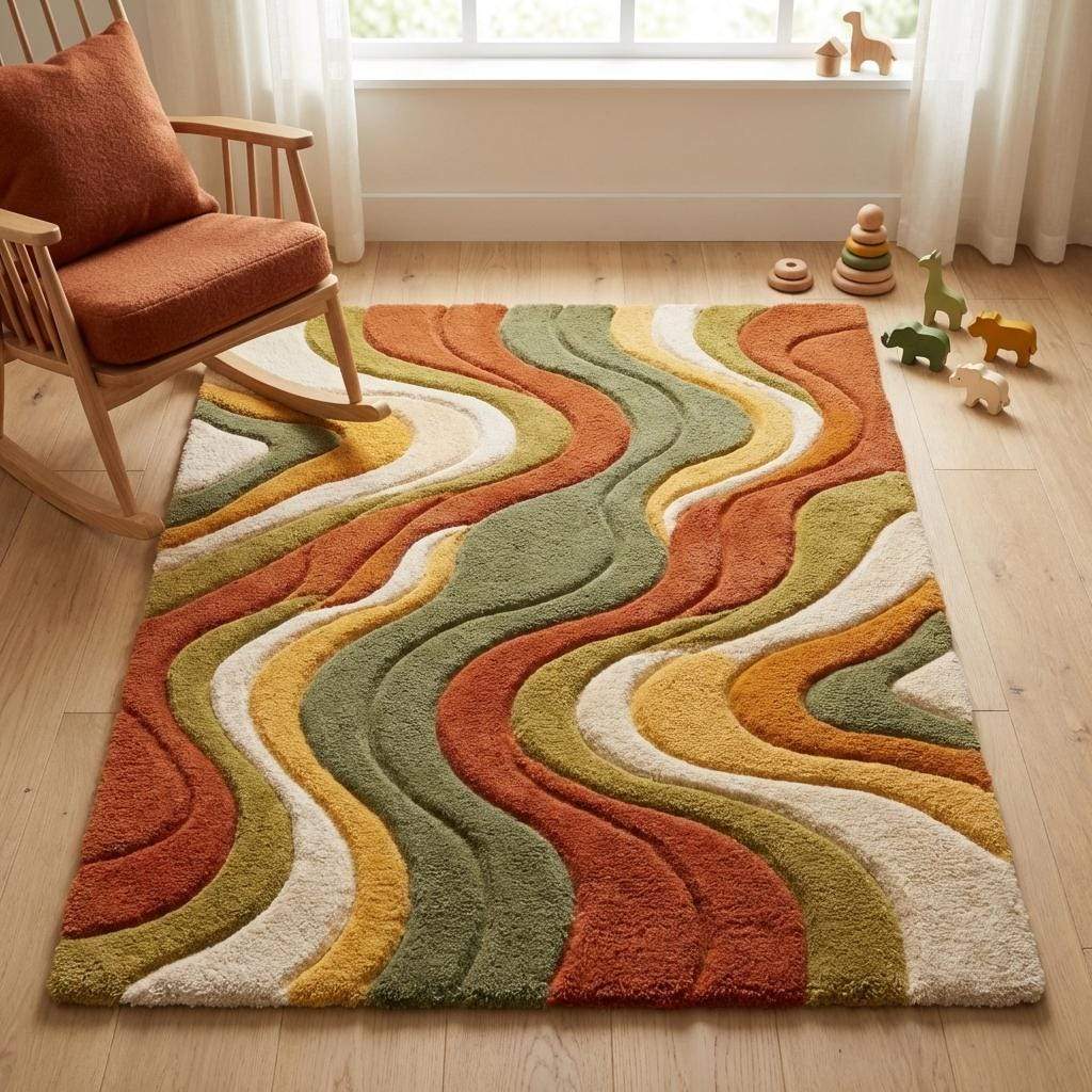 Designer style modern abstract carpet with layered wave shapes in terracotta mustard and olive hues __etsy:7950127013