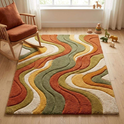 Designer style modern abstract carpet with layered wave shapes in terracotta mustard and olive hues __etsy:7950127013