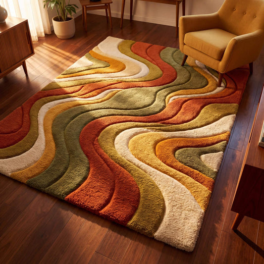 Modern abstract tufted wool rug with retro wave pattern in rust, olive and cream tones styled in a living room __etsy:7902177470