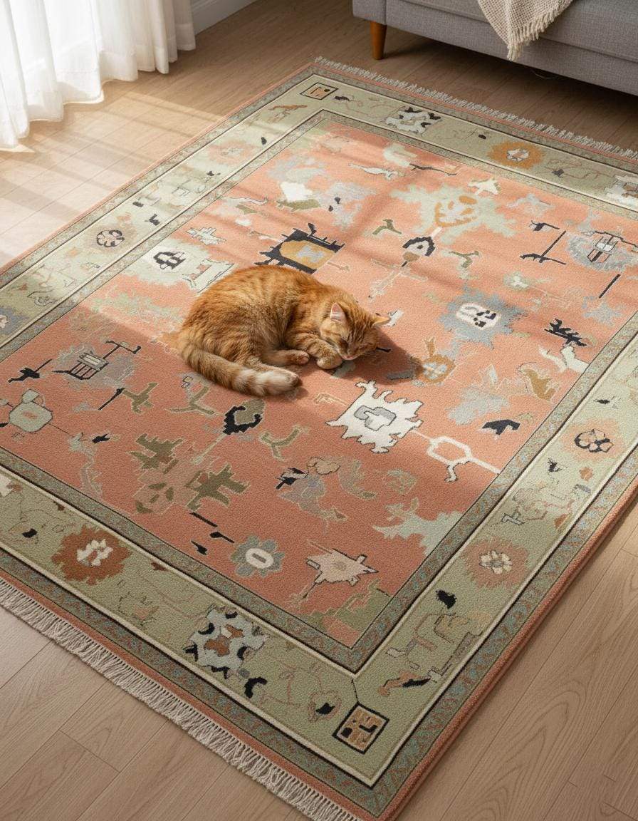 Modern abstract peach wool rug with sage geometric border and hand-knotted design