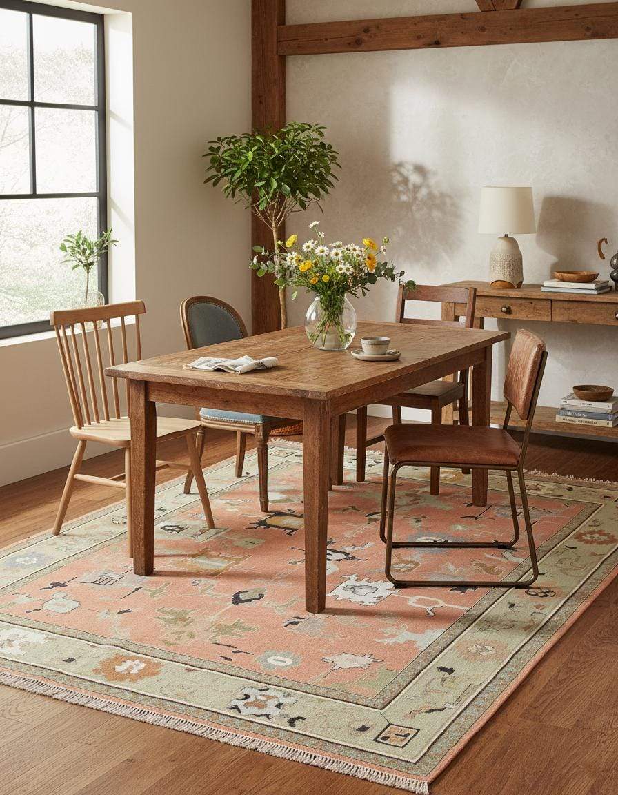 Modern abstract peach wool rug with geometric sage green border and hand-knotted design