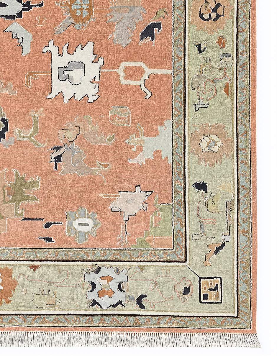 Hand-knotted modern abstract peach wool rug with sage green geometric border and multicolor accents