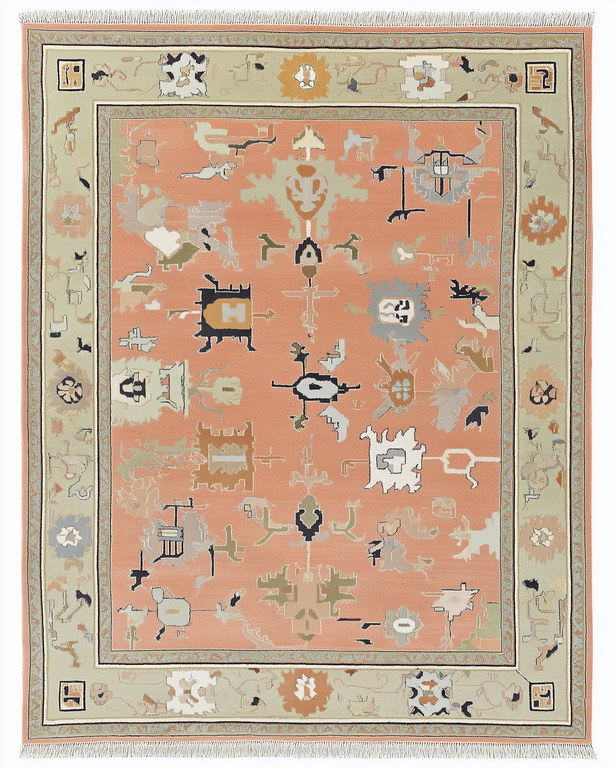Modern abstract peach wool rug with geometric sage green border and hand-knotted design