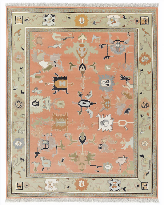 Modern abstract peach wool rug with geometric sage green border and hand-knotted design