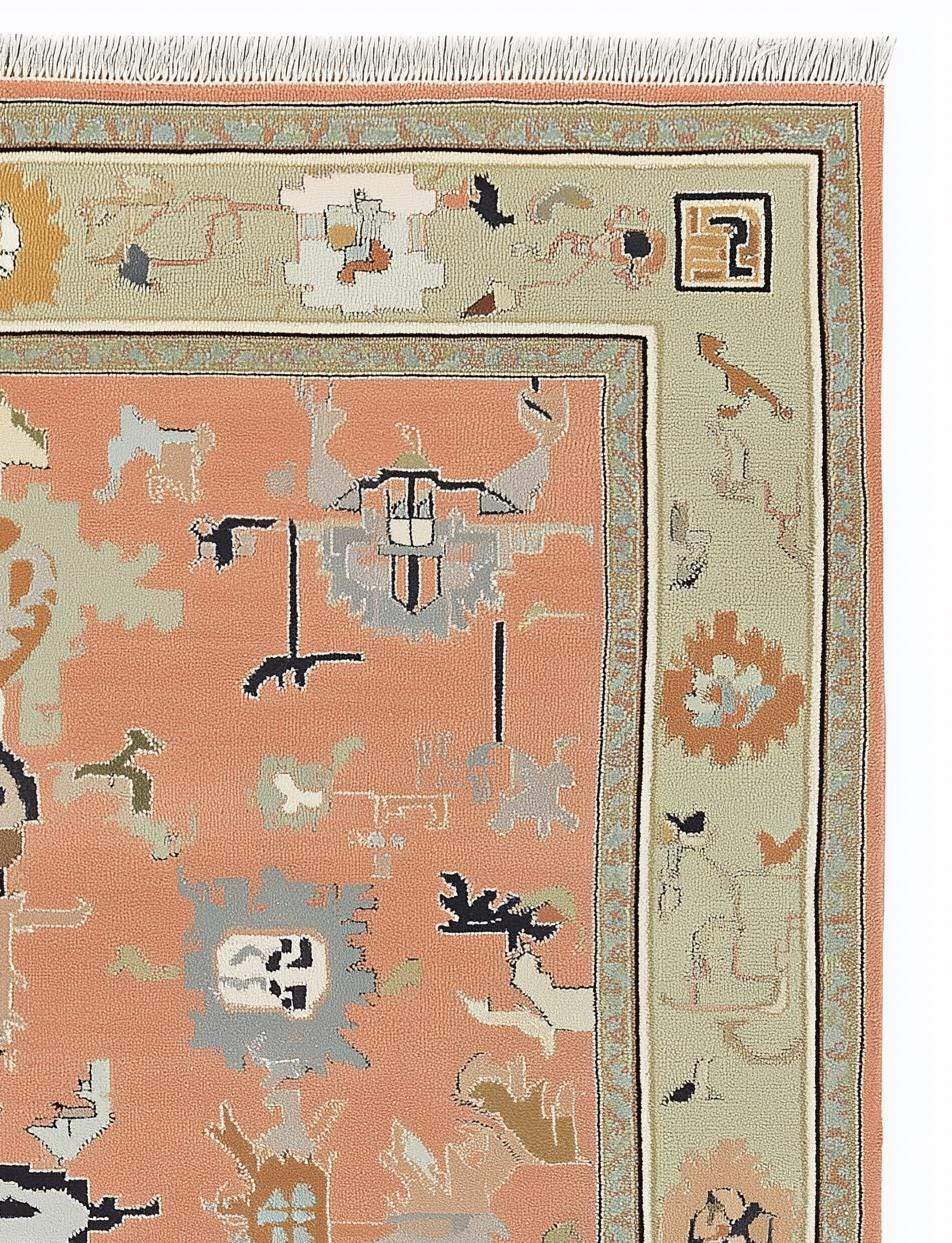 Modern abstract peach wool rug with geometric sage and cream tones, hand-knotted contemporary area carpet in Oushak style