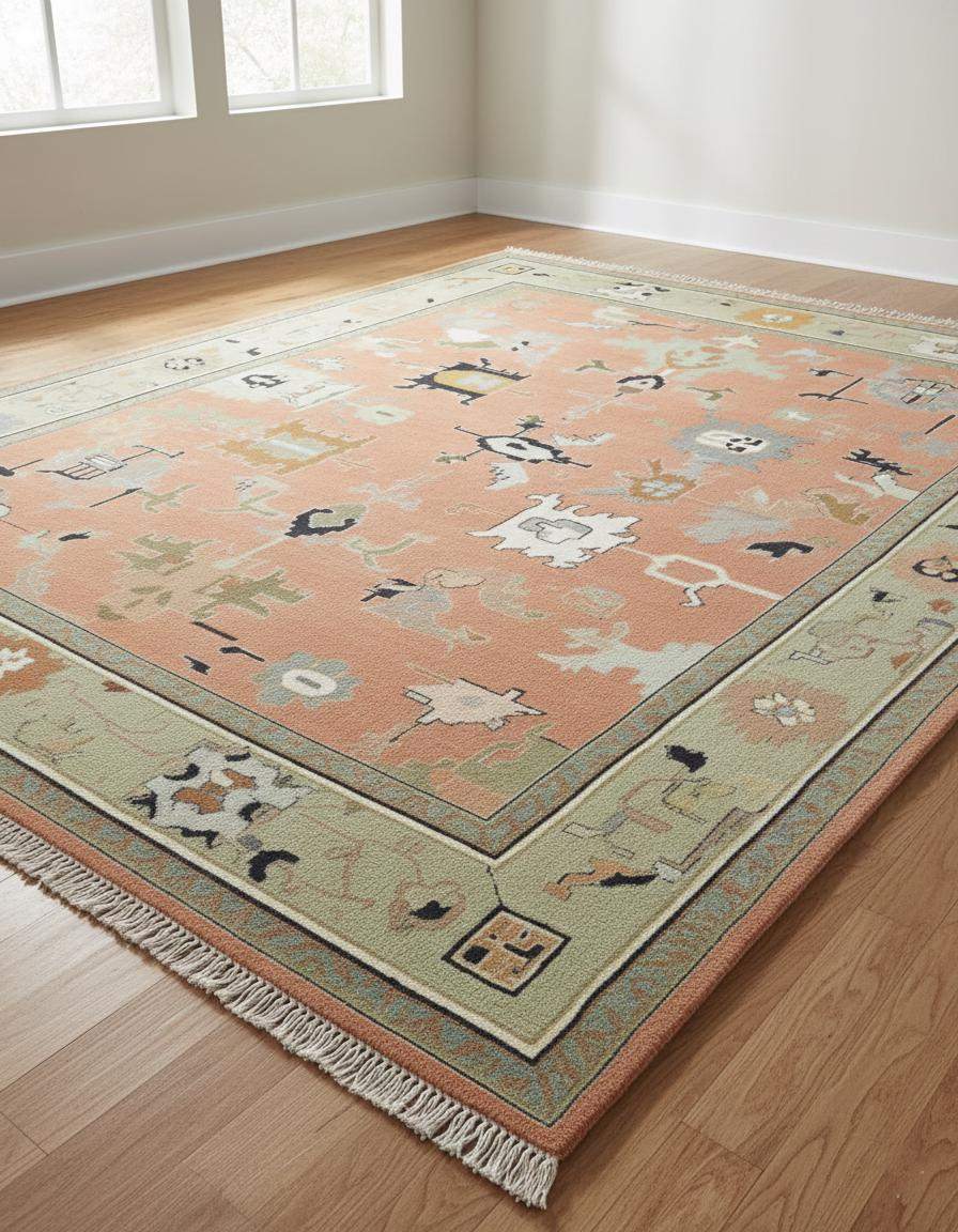 Modern abstract peach wool rug with geometric sage green border and hand-knotted design