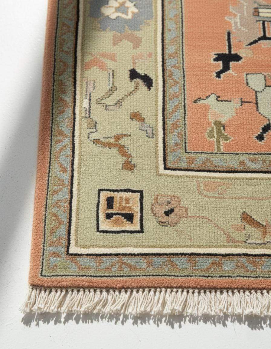 Modern abstract peach wool rug with hand-knotted geometric design and sage green border