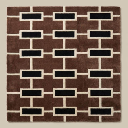 Mid century modern brown geometric area rug placed under accent chair with wooden floor interior styling __etsy:7789914400