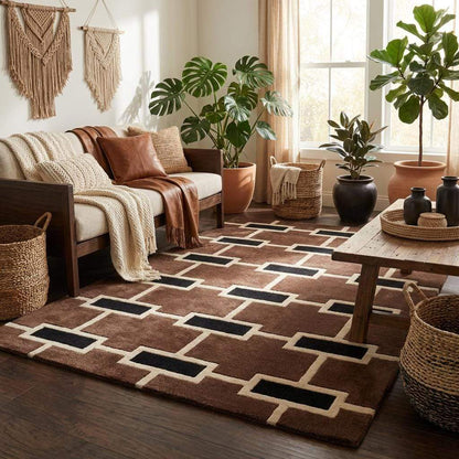 Contemporary brown and black geometric brick pattern rug for living room décor with minimalist interior design __etsy:7789914378