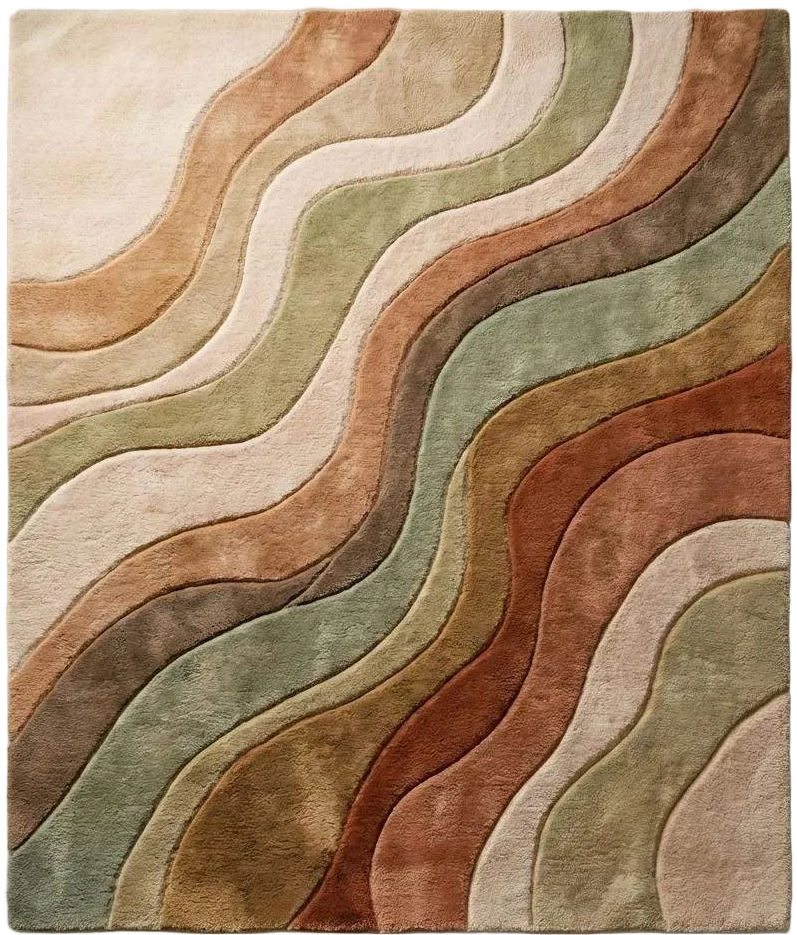 Tapis tufté main moderne Vague abstraite, Tapis en laine tons terre, Design bohème organique pour salon