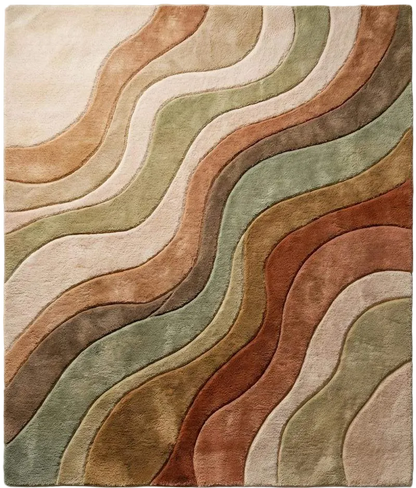 Tapis tufté main moderne Vague abstraite, Tapis en laine tons terre, Design bohème organique pour salon