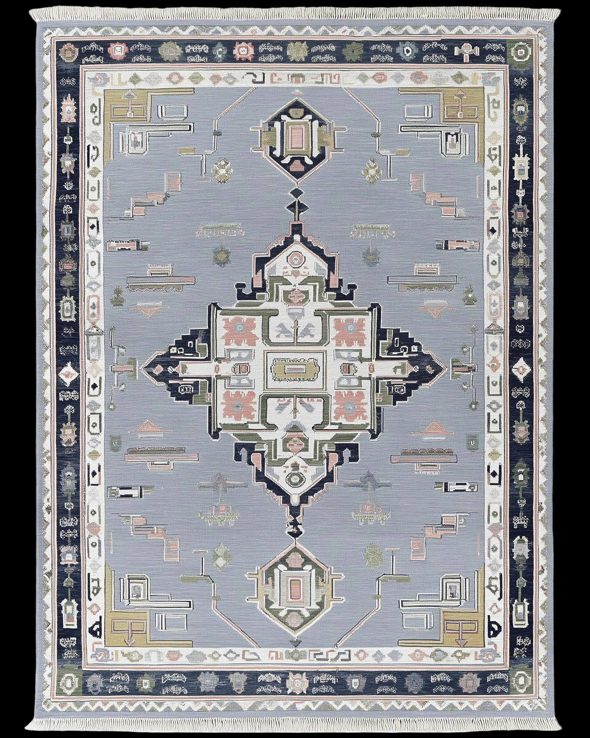 Modern Heriz Rug with geometric diamond pattern in gray and navy wool
