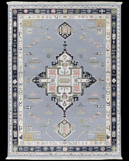 Modern Heriz Rug with geometric diamond pattern in gray and navy wool