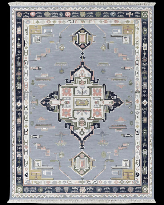 Modern Heriz Rug with geometric diamond pattern in gray and navy wool