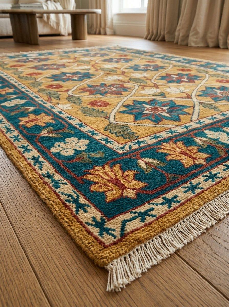 Mughal Lattice Hand Knotted Wool Rug in gold, teal and rust, with floral lattice motifs, teal border and fringe