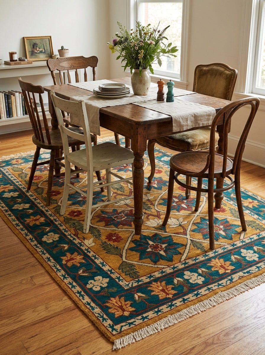 Mughal Lattice Hand Knotted Wool Rug in gold, teal and rust with a floral lattice pattern and fringed edges