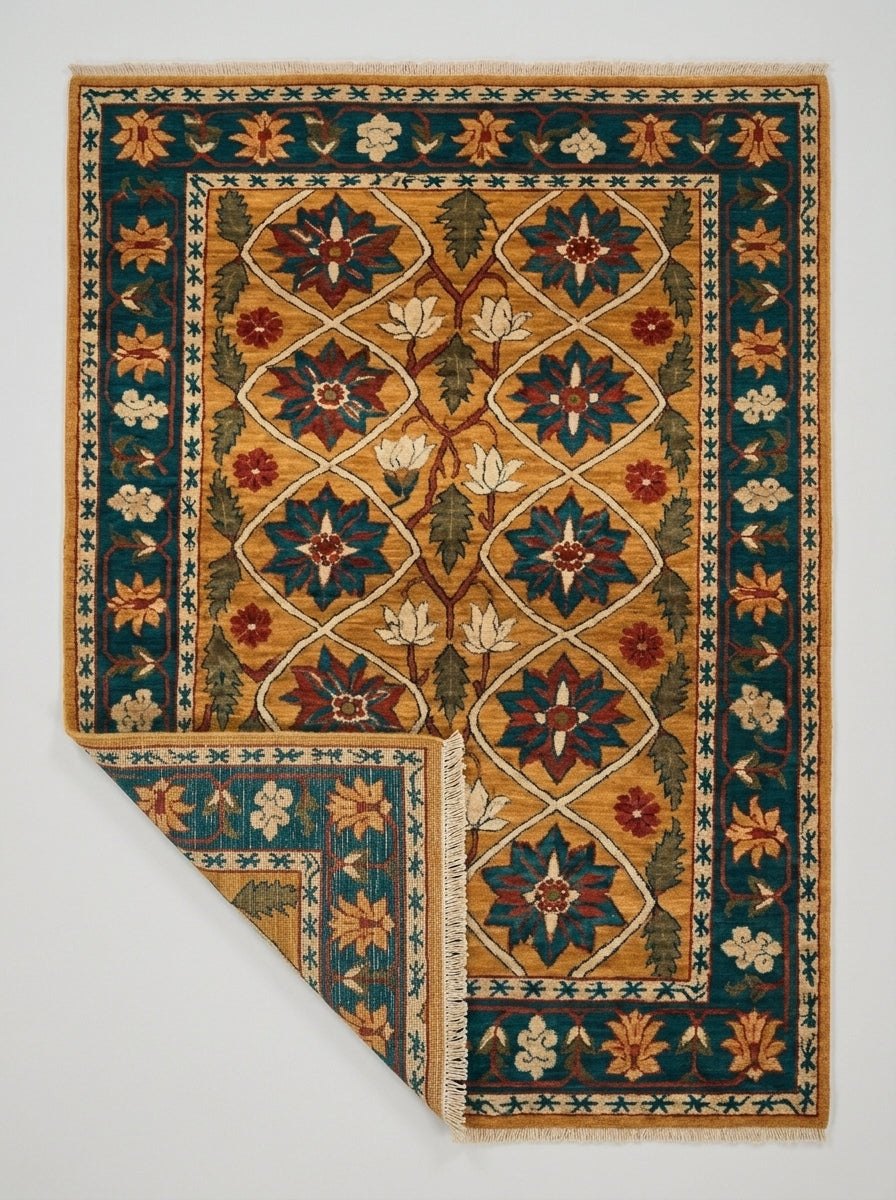 Mughal Lattice Hand Knotted Wool Rug in gold with teal and rust floral lattice, ornate borders and folded corner