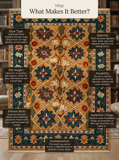 Mughal Lattice Hand Knotted Wool Rug with a saffron gold ground, teal floral lattice, rust accents and fringe