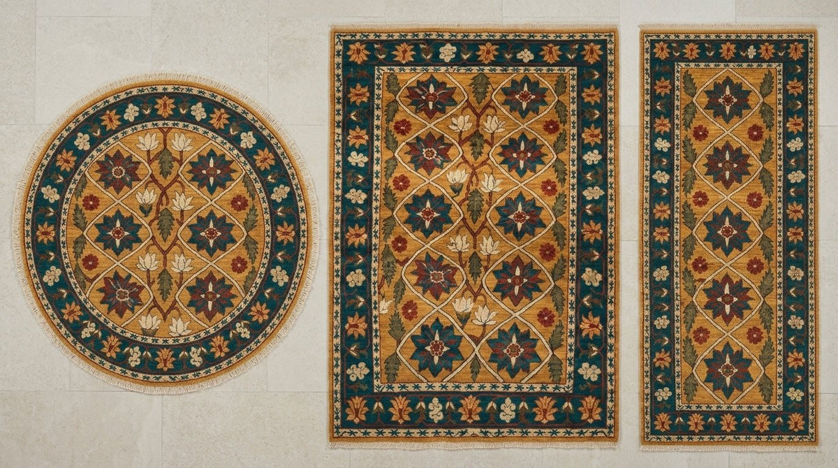 Mughal Lattice Hand Knotted Wool Rug set with round and rectangular gold rugs, teal floral lattice, rust accents and fringed edges