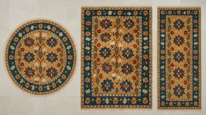 Mughal Lattice Hand Knotted Wool Rug set with round and rectangular gold rugs, teal floral lattice, rust accents and fringed edges