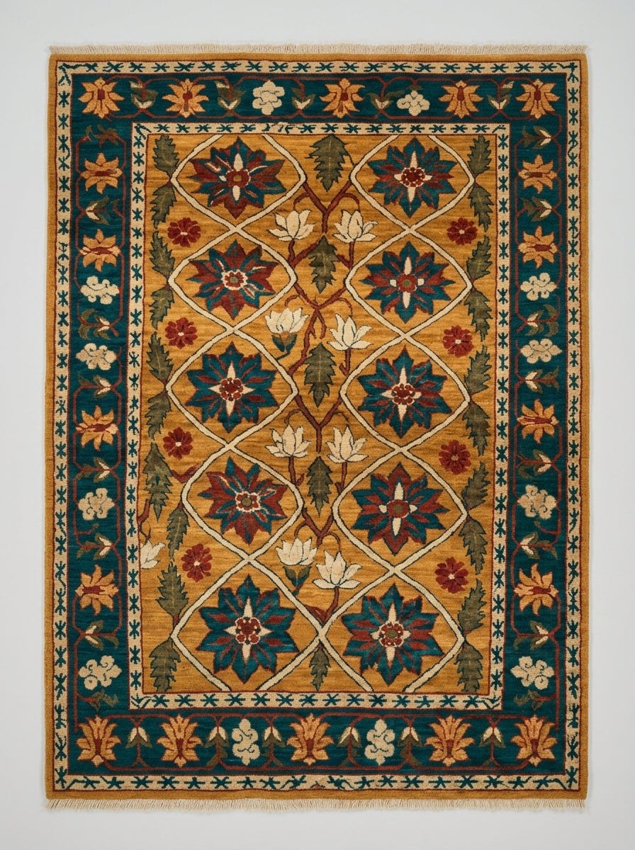 Mughal Lattice Hand Knotted Wool Rug in saffron gold with teal and rust floral lattice motifs and a dark teal border