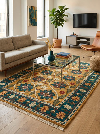Mughal Lattice Hand Knotted Wool Rug in saffron gold, teal and rust, with floral lattice motifs, teal border and fringe