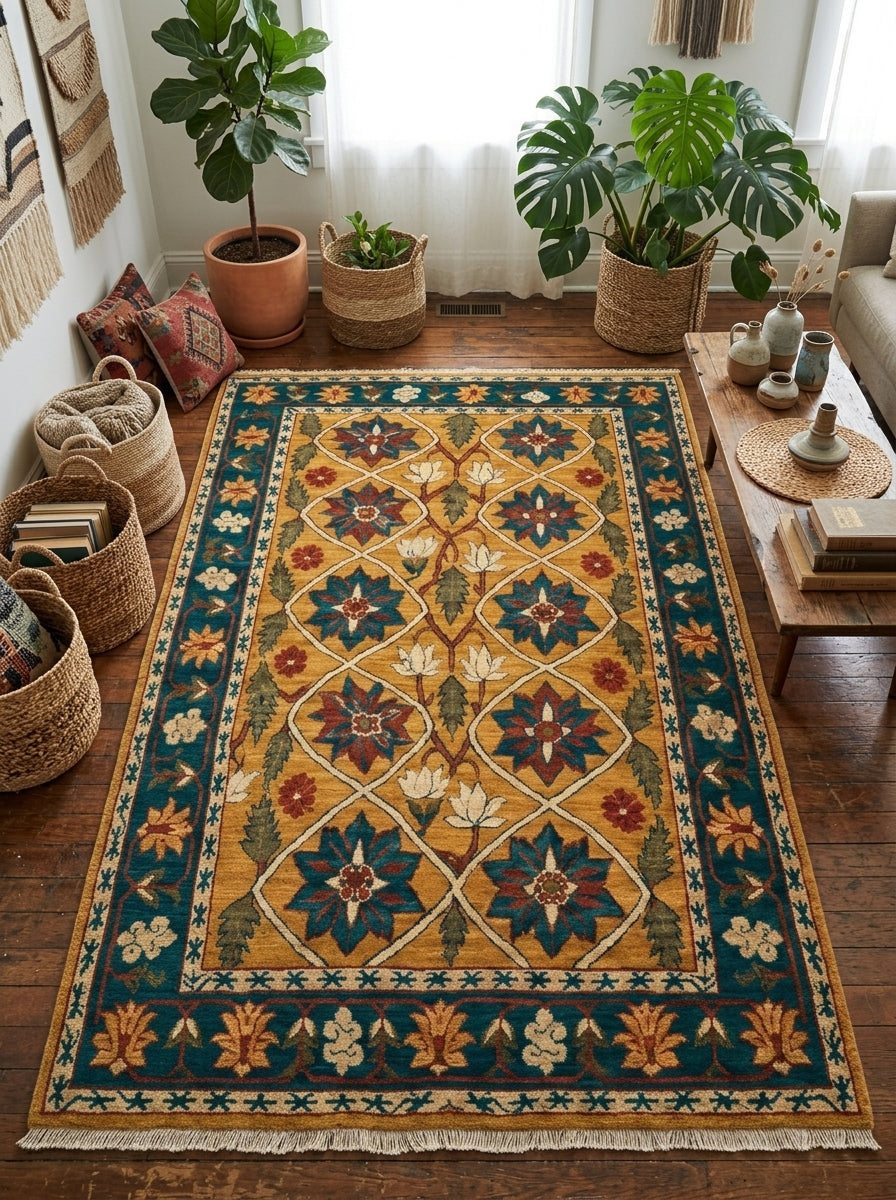 Mughal Lattice Hand Knotted Wool Rug in saffron gold, with teal and rust floral lattice motifs and a fringed edge