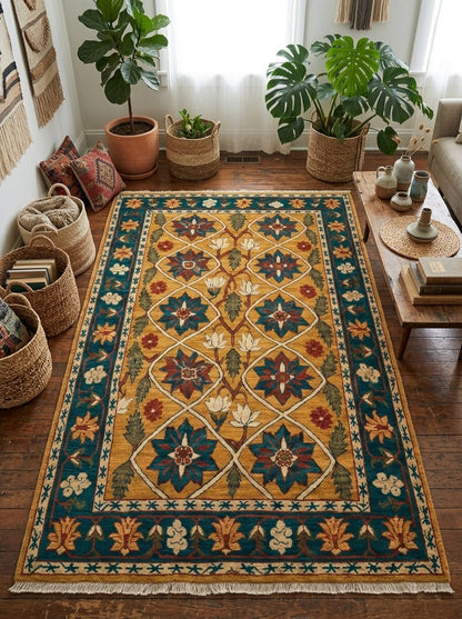 Mughal Lattice Hand Knotted Wool Rug in saffron gold, with teal and rust floral lattice motifs and a fringed edge