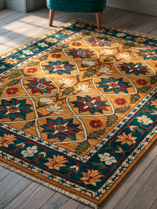 Mughal Lattice Hand Knotted Wool Rug in saffron gold, teal and rust, with floral lattice motifs and a teal border