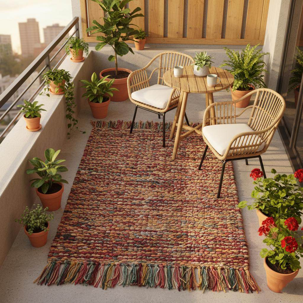 Handmade multicolor boho braided rug with vibrant red, mustard, teal, and neutral tones for eclectic home décor