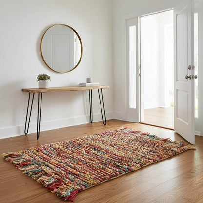 Handmade multicolor boho braided rug with vibrant woven texture for bohemian home décor