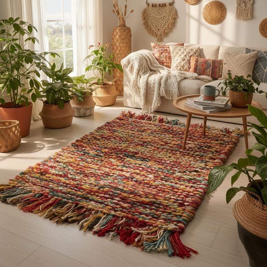 Handmade multicolor boho braided rug with vibrant yarns and textured woven design for eclectic home décor