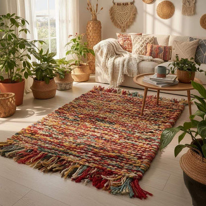 Handmade multicolor boho braided rug with vibrant yarns and textured woven design for eclectic home décor