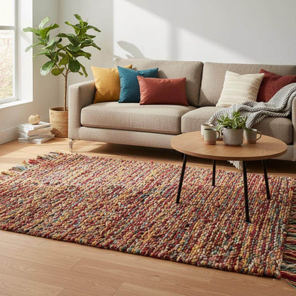 Handwoven multicolor boho braided rug with vibrant red, mustard, teal, and neutral tones for eclectic home décor