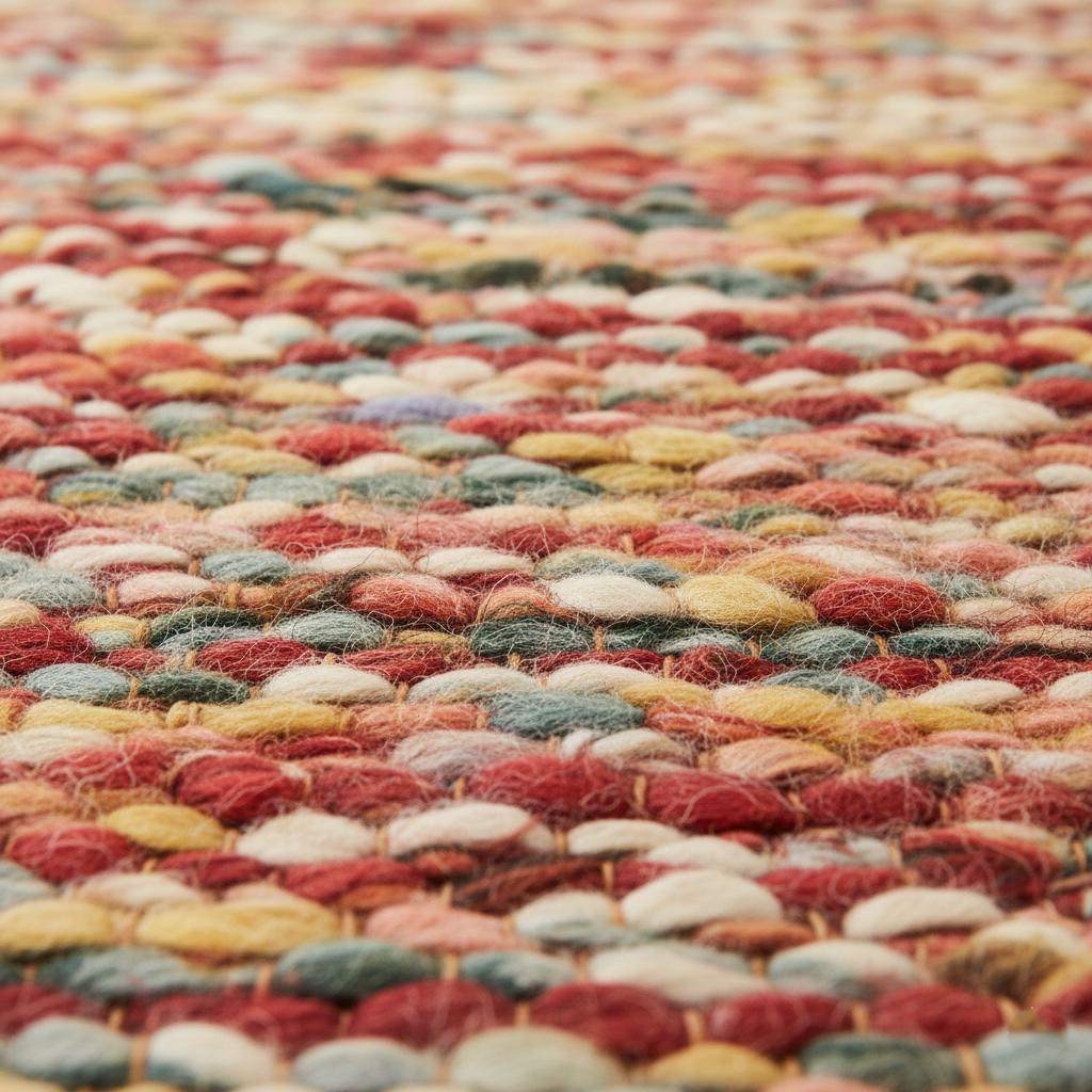 Handmade multicolor boho braided rug with vibrant yarns in red, mustard, teal, and neutrals, adding warm, textured, eclectic charm to home décor.