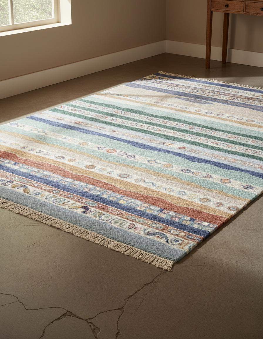 Top view of a multicolor striped area rug with boho coastal fringe design featuring blue, teal, sage, sand, taupe, clay, and terracotta horizontal bands and decorative motifs.