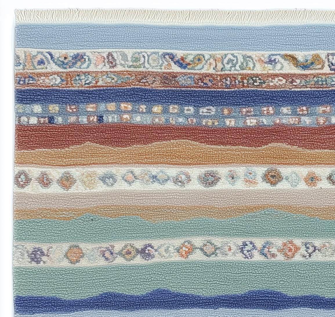 Multicolor striped area rug with boho coastal fringe and horizontal bands in blue, teal, sage, sand, taupe, clay, and terracotta colors