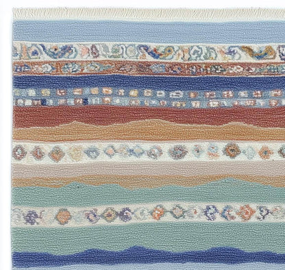 Multicolor striped area rug with boho coastal fringe and horizontal bands in blue, teal, sage, sand, taupe, clay, and terracotta colors