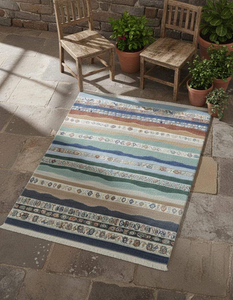 Multicolor striped area rug with boho coastal fringe design featuring horizontal bands in blue, teal, sage, sand, taupe, clay, and terracotta.