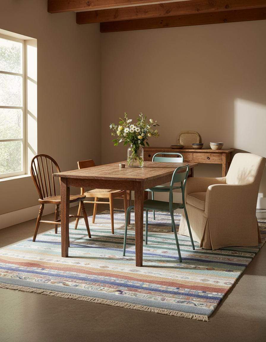 Multicolor striped area rug with boho coastal fringe design featuring horizontal solid and patterned bands in blue, teal, sage, sand, taupe, clay, and terracotta colors