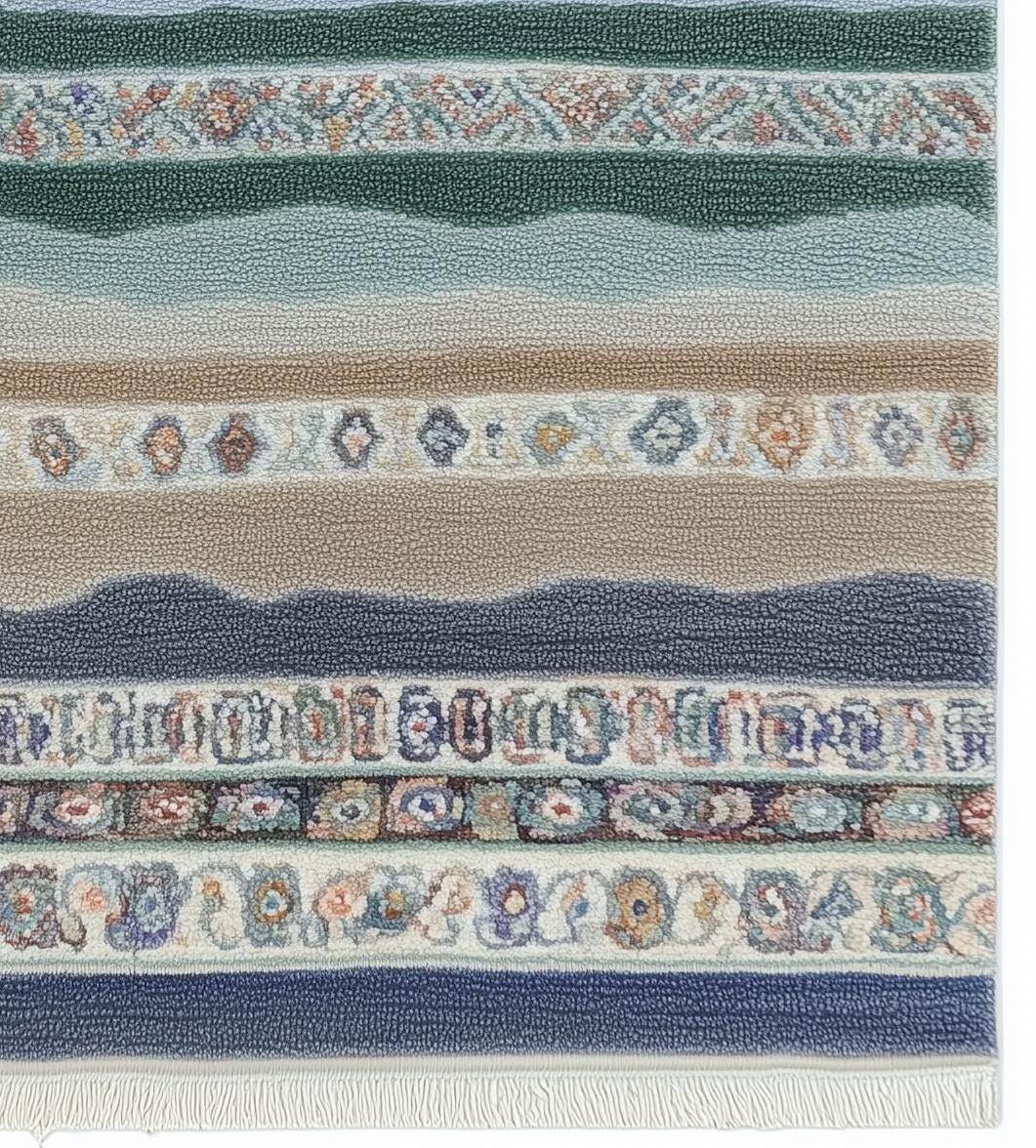Multicolor striped area rug with horizontal boho coastal fringe design in blues, greens, terracotta, and taupe