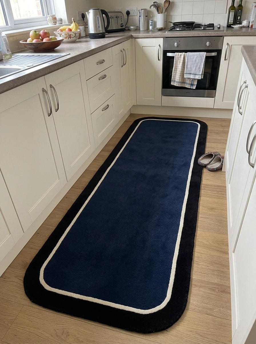 Navy Blue Border Runner Rug with a solid navy pile, narrow ivory pinstripe, wide black border and rounded corners