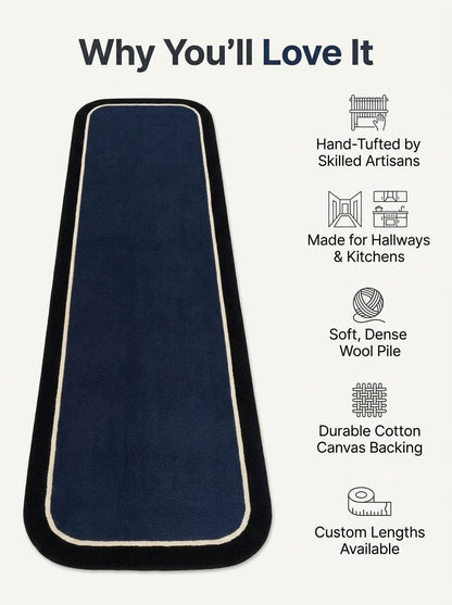 Navy Blue Border Runner Rug with a deep navy wool field, fine ivory pinstripe, wide black border and rounded ends