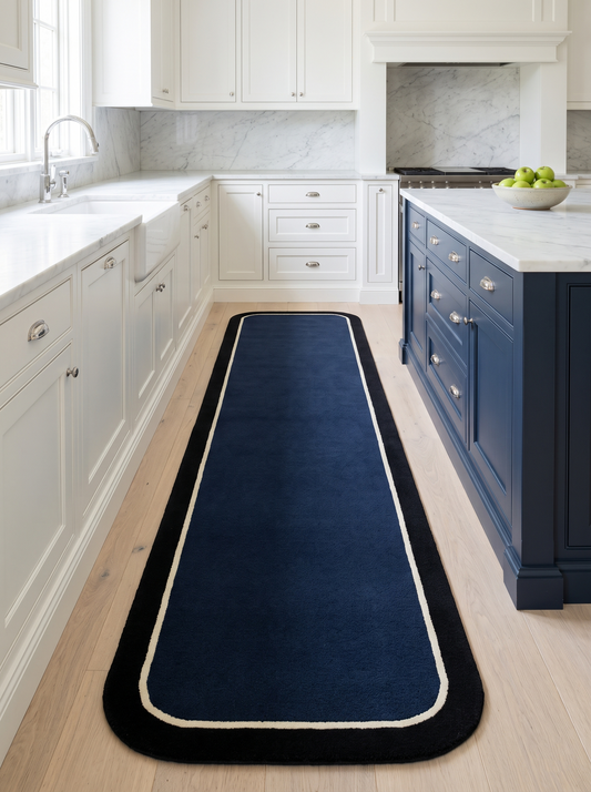 Navy Blue Border Runner Rug with a solid navy field, ivory pinstripe, wide black border and rounded ends