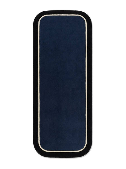 Navy Blue Border Runner Rug with a solid navy wool field, thin ivory pinline, wide black border and rounded ends